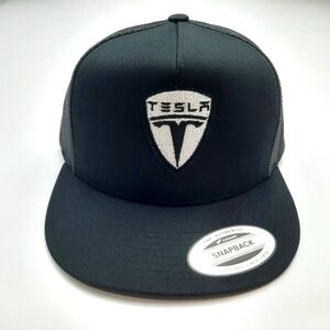 Tesla Flat Bill Embroidered Mesh Snapback Cap Hat Black